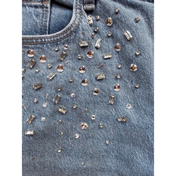 LOFT Wide Leg High Rise Curvy Light Wash Jeans Sz 31 / 12 Rhinestone Embellished - Picture 3 of 15